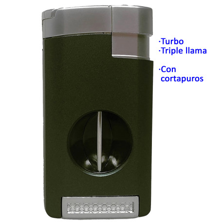 3T. Encendedor turbo «Tycoon Excalibur» verde cromado triple llama c/cortapuros